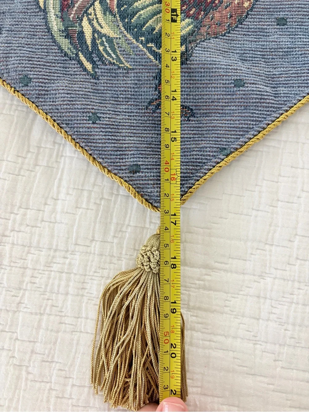 Vintage Rooster Print Window Valance in Denim Blue with Gold Tassels